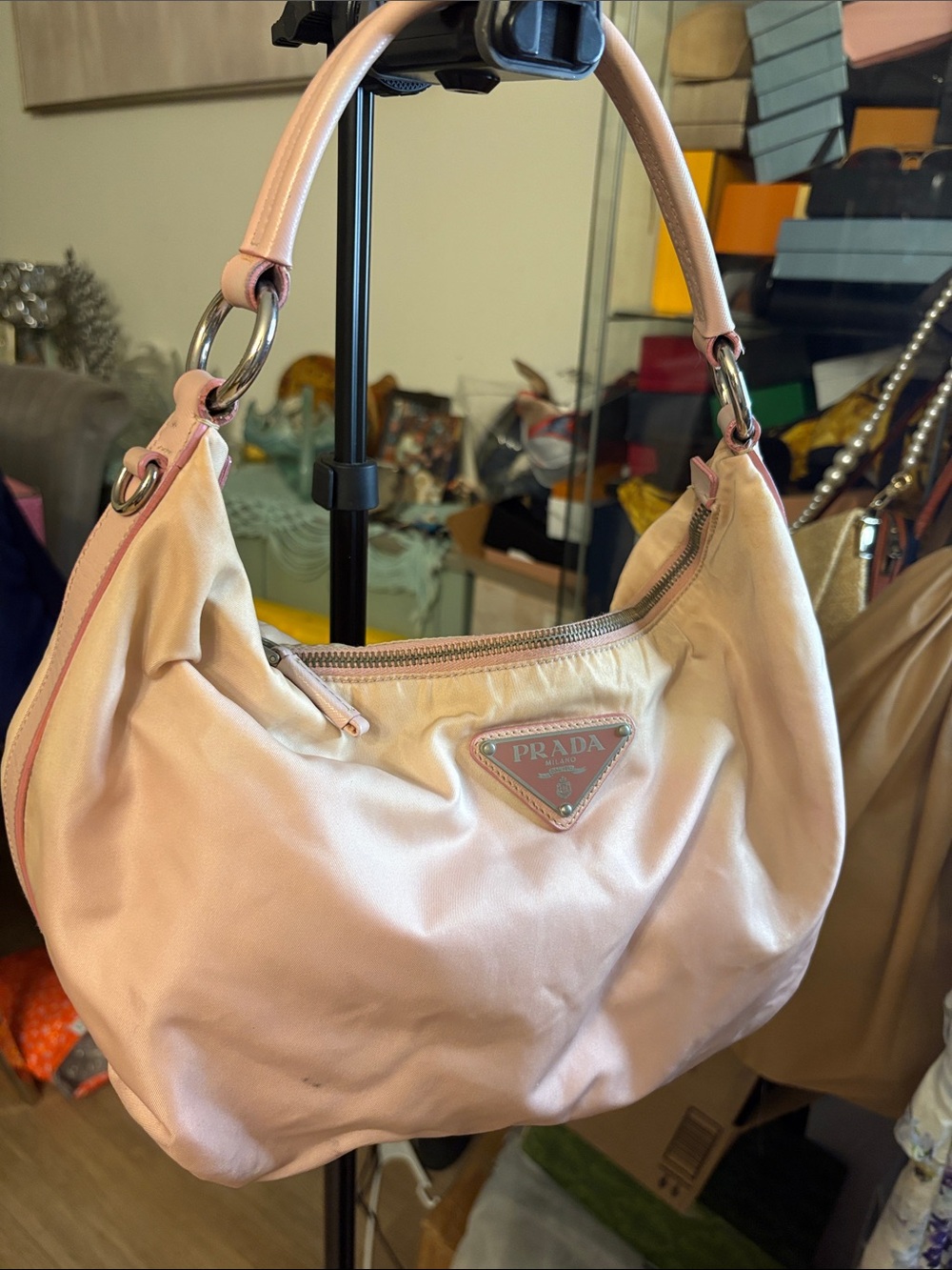 Prada Light Pink Nylon Hobo with Silver Hardware